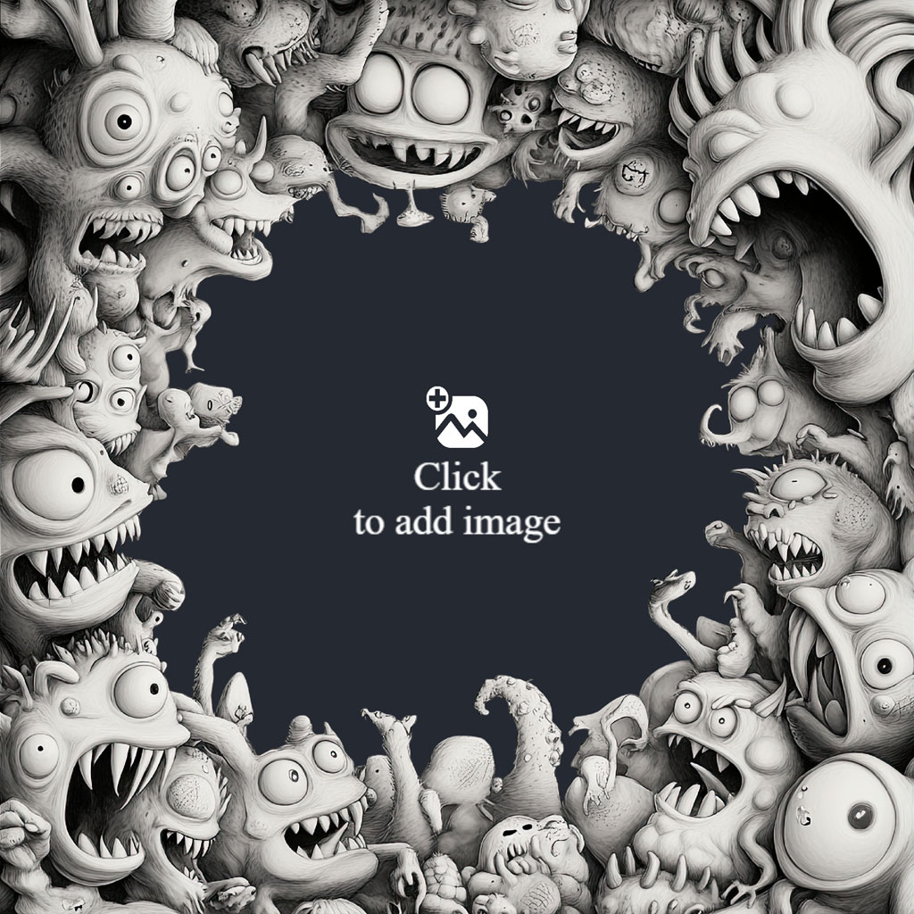 Grayscale image of a dark frame surrounded by various grotesque monsters and creatures.