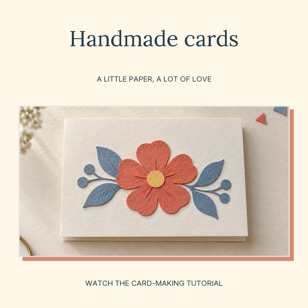 Square post featuring a handmade card with a paper flower and blue leaves on a neutral background.