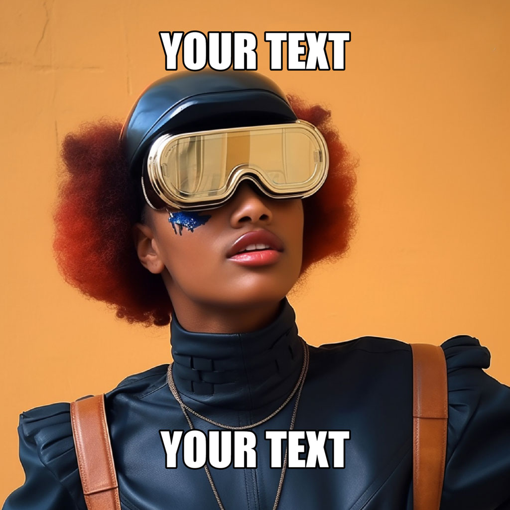 Woman with afro wearing futuristic goggles and black leather jacket