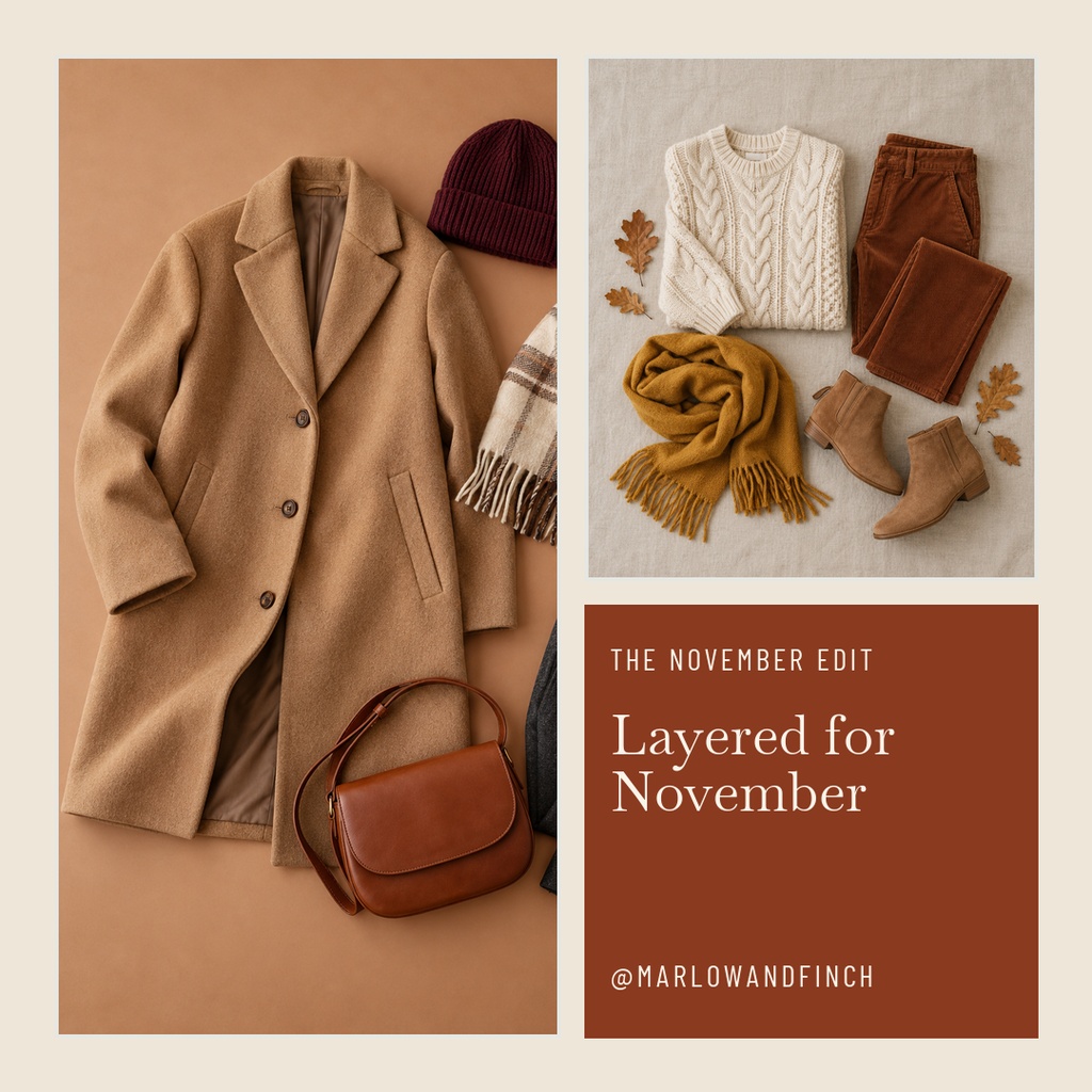 Three-panel square layout with autumn clothing, accessories, and a brown text block reading Layered for November.