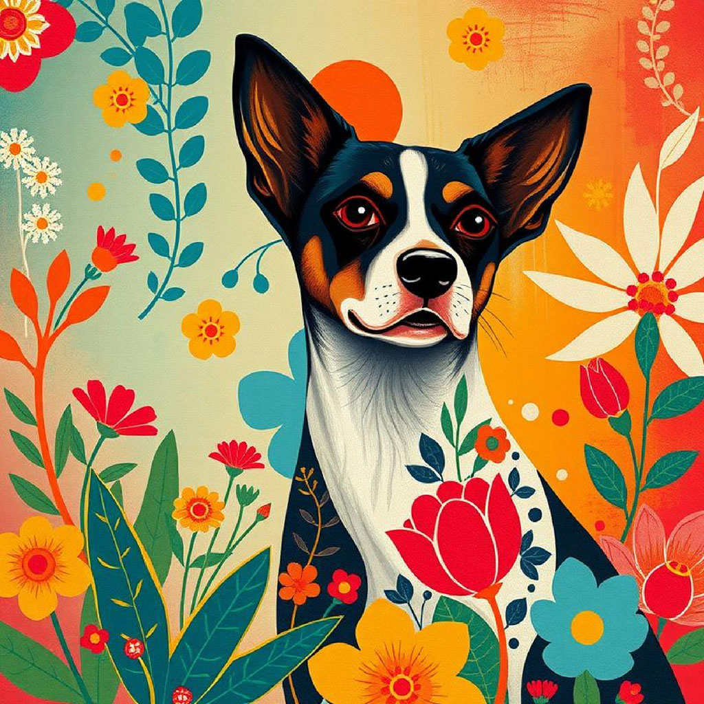 A dog with a white chest and black ears is surrounded by colorful flowers and greenery.