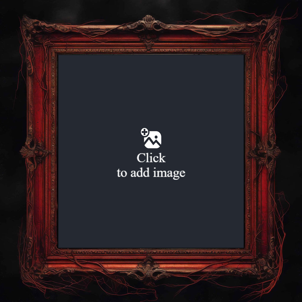 A red, ornate picture frame with spider webs on a dark background.