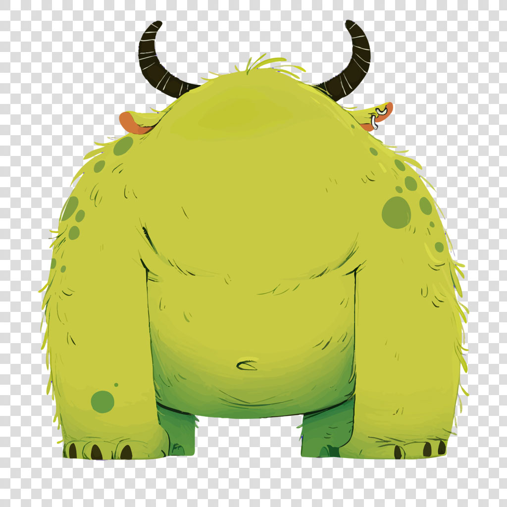 A green cartoon monster with two black horns and green spots on its fur.