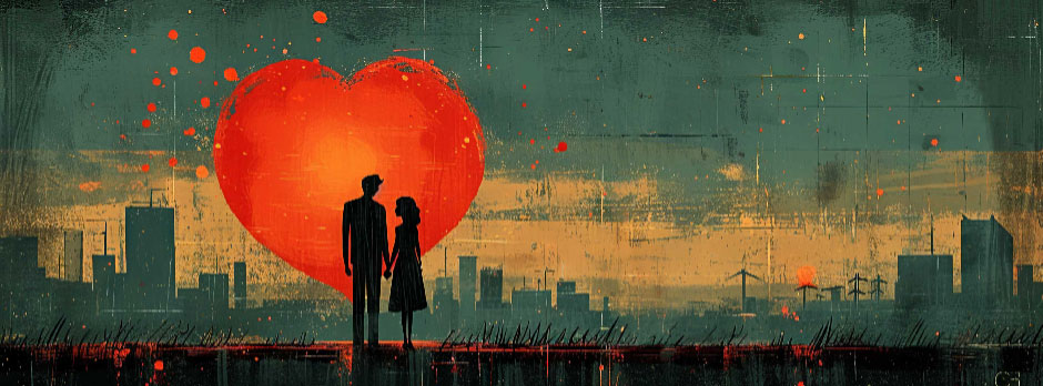 Silhouette of a couple holding hands in front of a large red heart with a city skyline