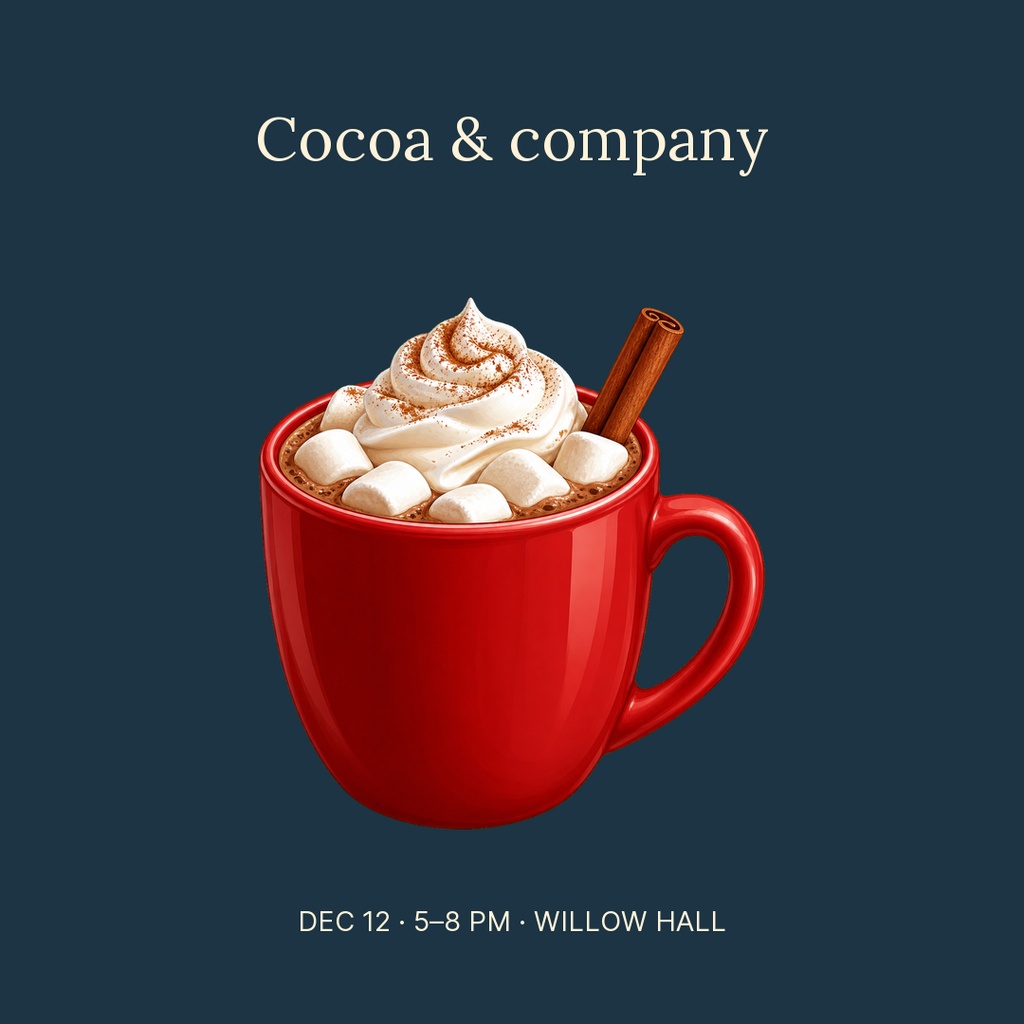Red mug of hot cocoa topped with whipped cream, marshmallows, and a cinnamon stick on a dark background.