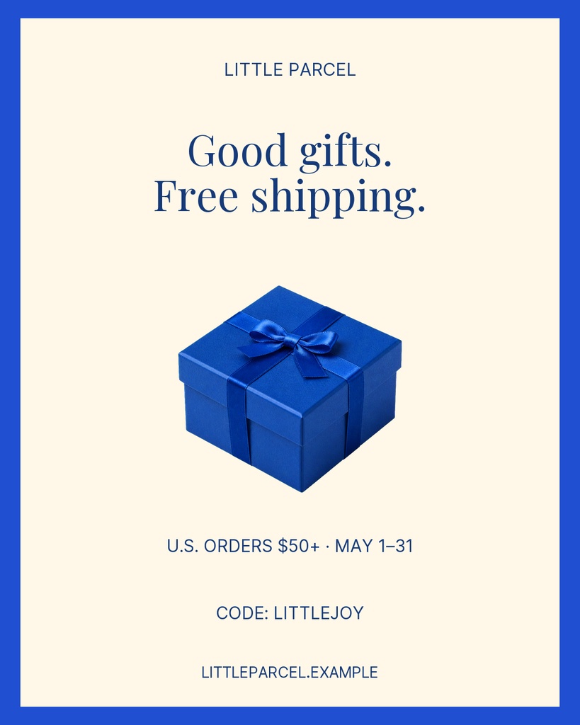 Blue gift box with ribbon on a cream portrait post announcing free shipping.