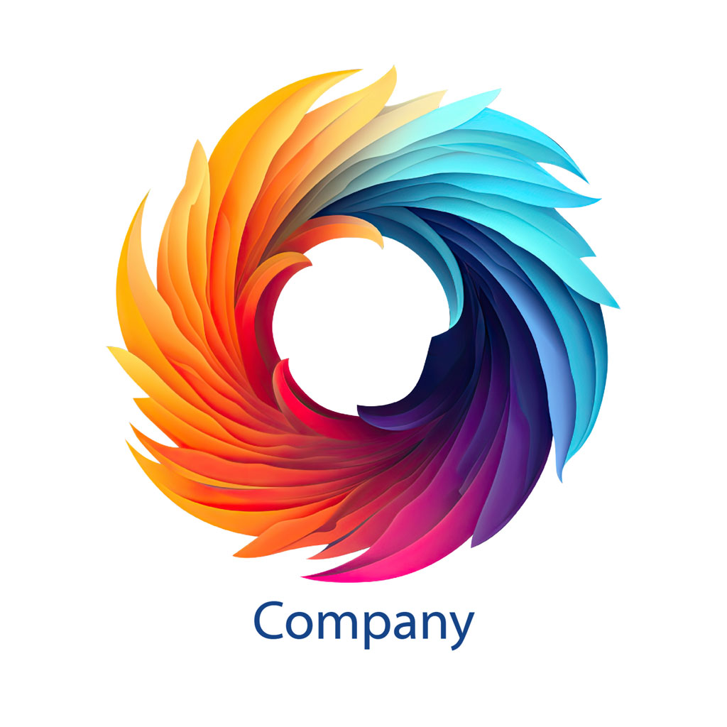 Company logo with swirling feathers in a rainbow of colors
