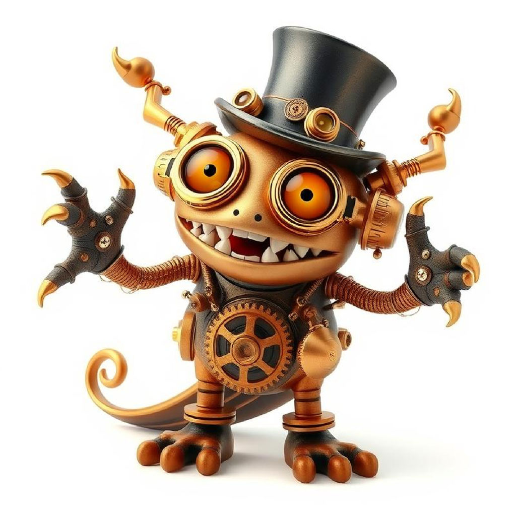 Steampunk monster figurine with a top hat and mechanical parts