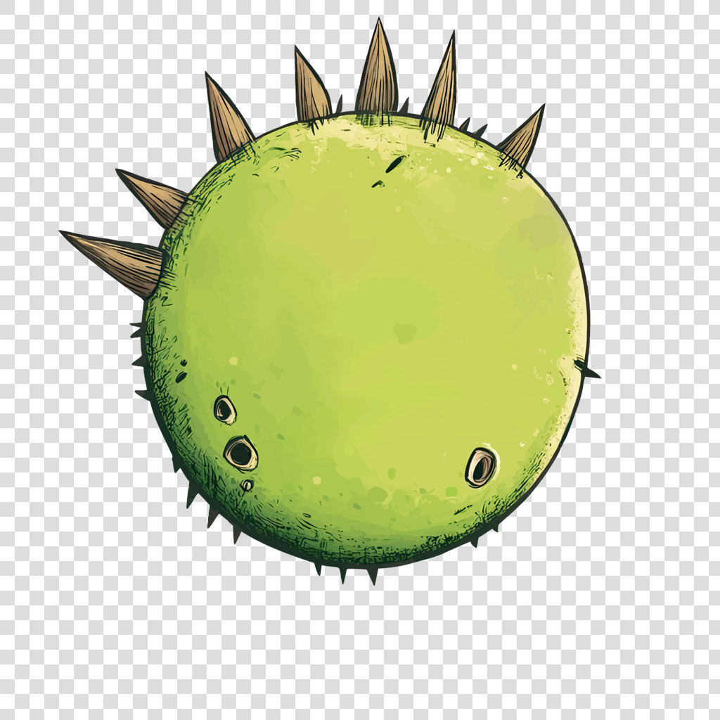 A green cartoon creature with spikes and three eyes.
