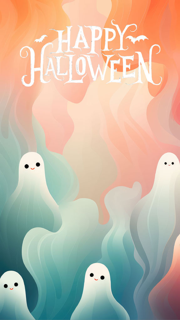 Cartoon ghosts with smiling faces on a colorful background with 'Happy Halloween' text.