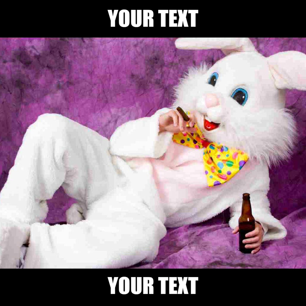 Easter bunny in a white suit and colorful tie, lounging with a beer bottle