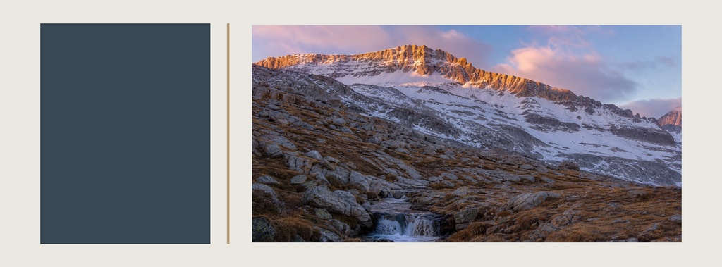 Landscape page cover template with a solid color panel beside a snowy mountain sunset photo.