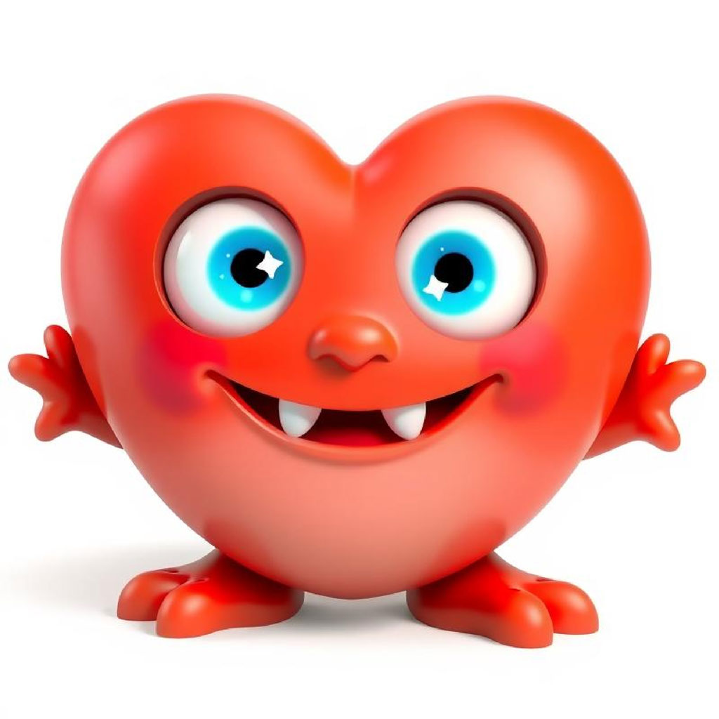 Red heart monster with blue eyes and a smile