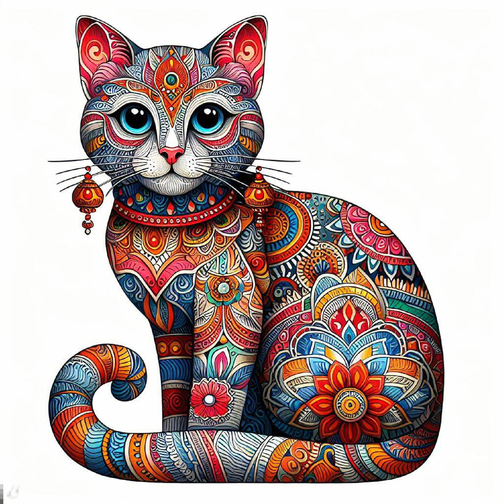 Cartoon black cat with orange spots and red ears