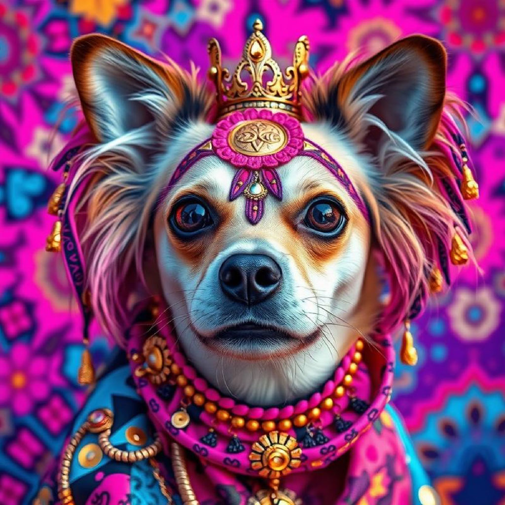 A woman with pink and purple hair, wearing a decorative headpiece and multiple necklaces.