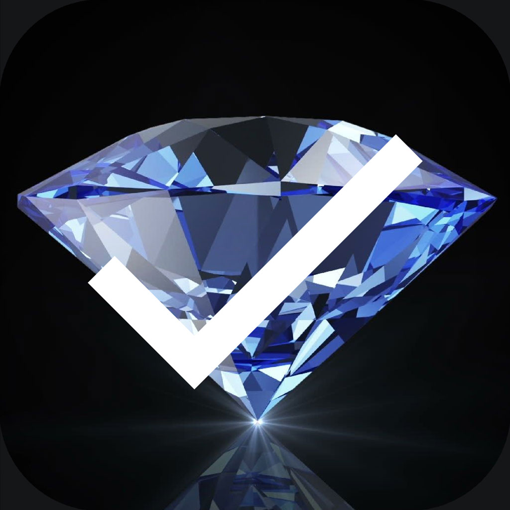 A blue diamond with a white checkmark on a black background