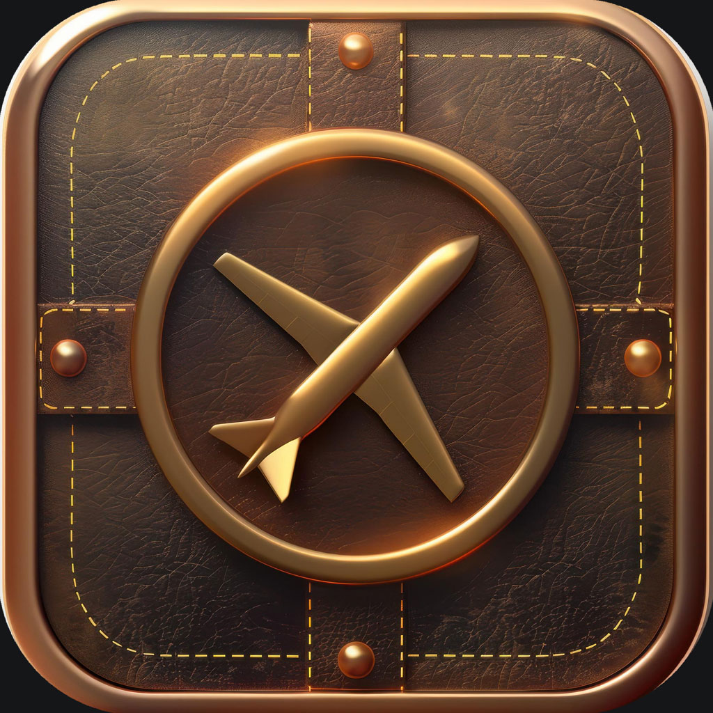 Gold airplane icon on a brown leather square with copper trim.