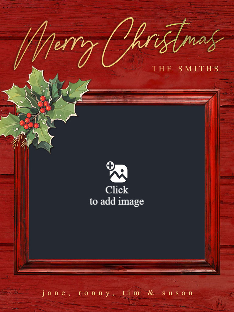 Family of four in a Christmas card template with holly and red wooden background
