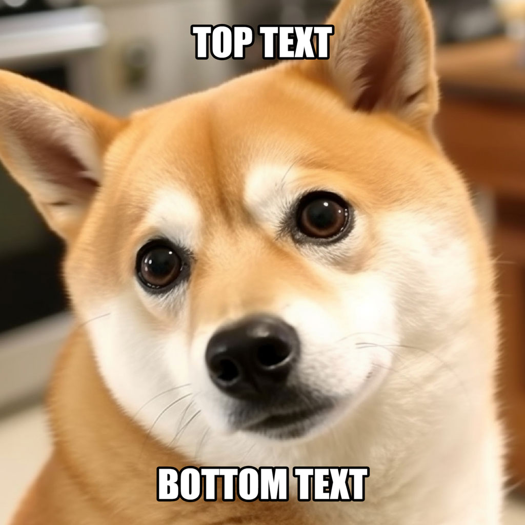 A close-up of a Shiba Inu dog with a curious expression and the text 'TOP TEXT' and 'BOTTOM TEXT' overlaid on the image.