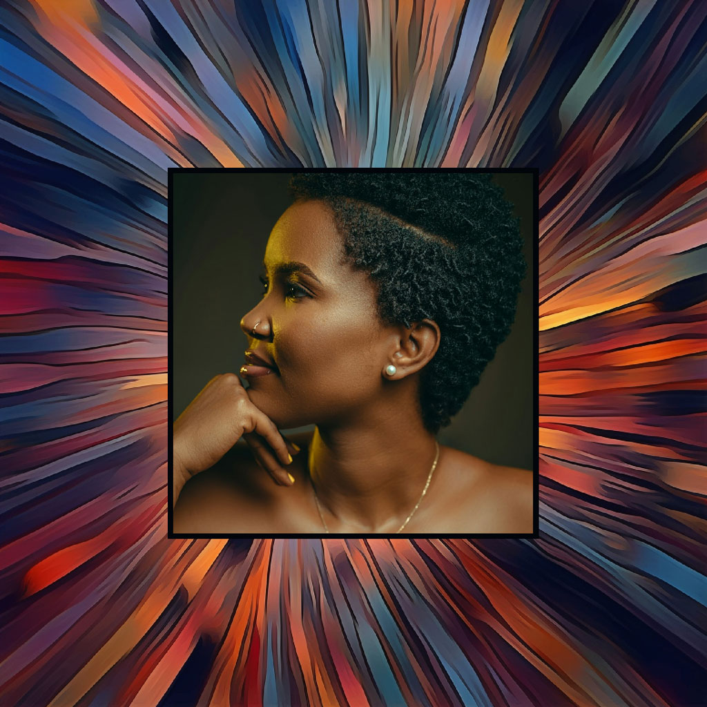 A woman with short hair and a contemplative expression, surrounded by a multicolored abstract design.