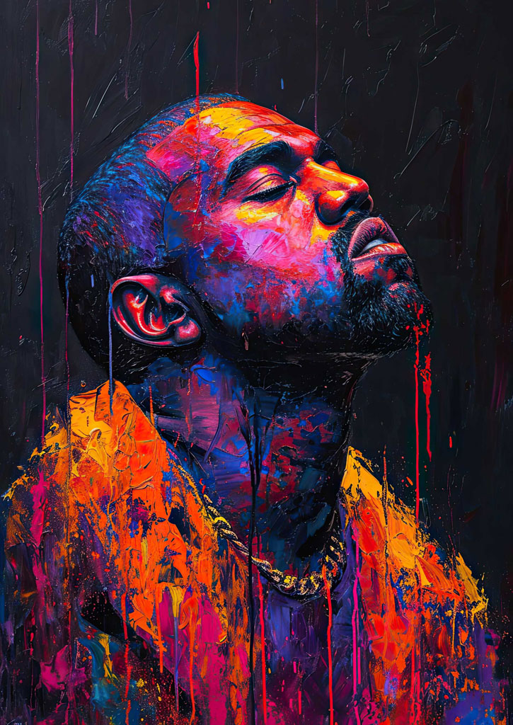 A man with his eyes closed, painted in a vibrant and abstract style with a mix of colors.