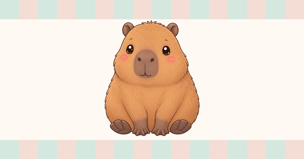 Cute baby capybara centered on a pastel mint and pink landscape cover template.