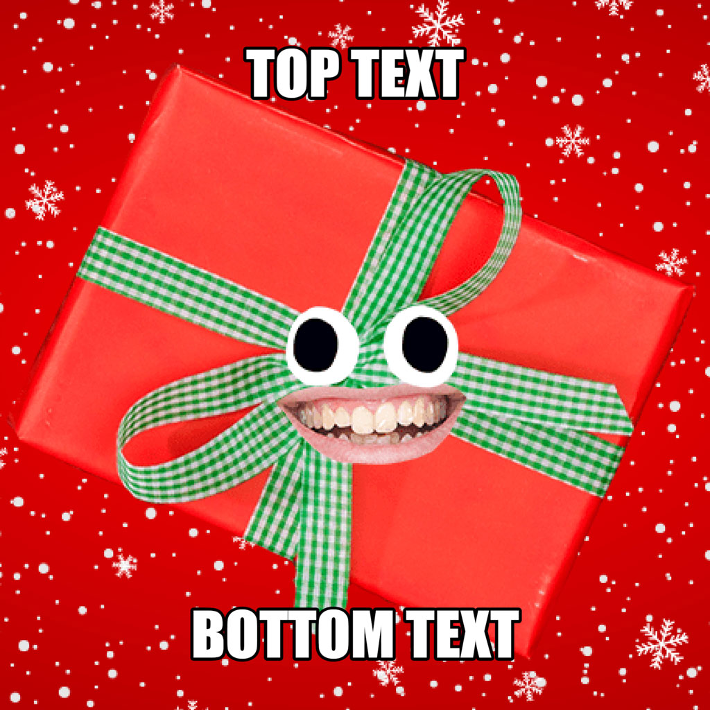A red gift box with green ribbon and a cartoonish face
