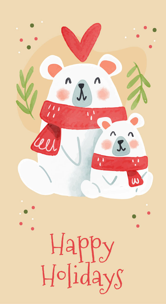 Illustration of two polar bears wearing red scarves with Happy Holidays text