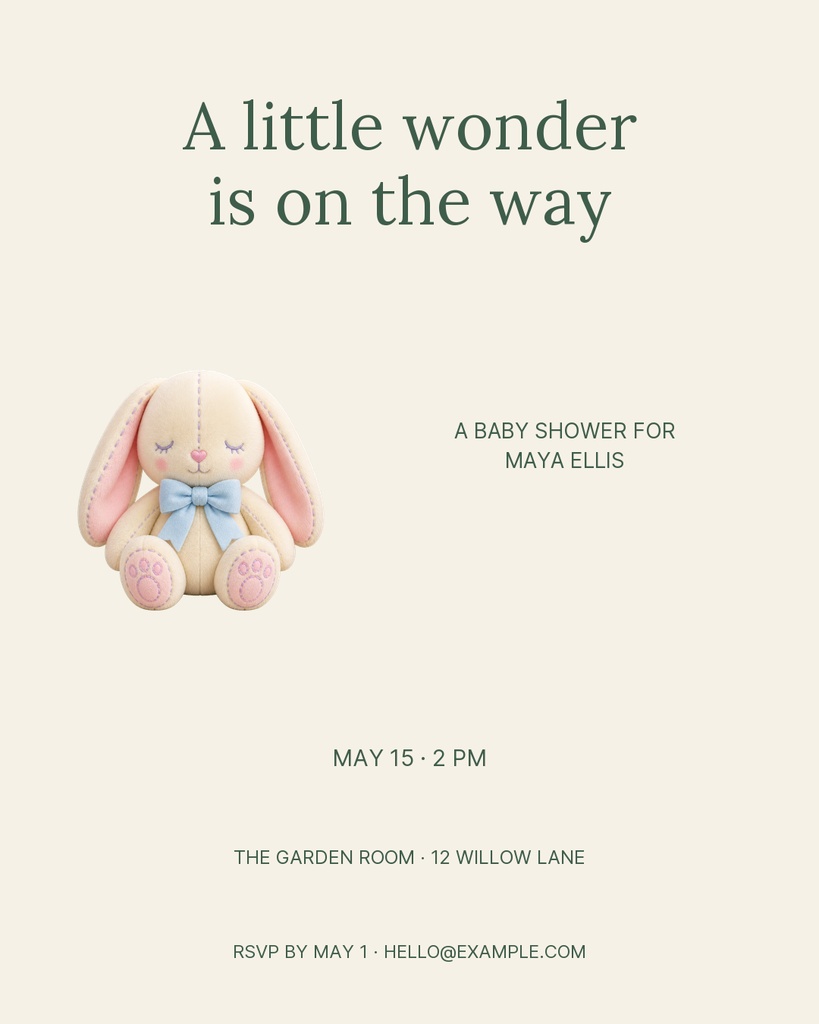 Cream portrait baby shower design with a plush bunny and the words A little wonder is on the way.
