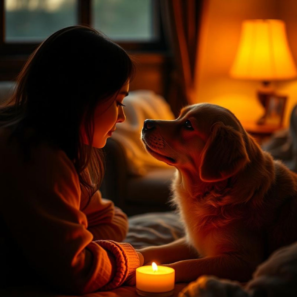 A man and woman in hoodies stand face-to-face, hands touching, surrounded by lit candles.