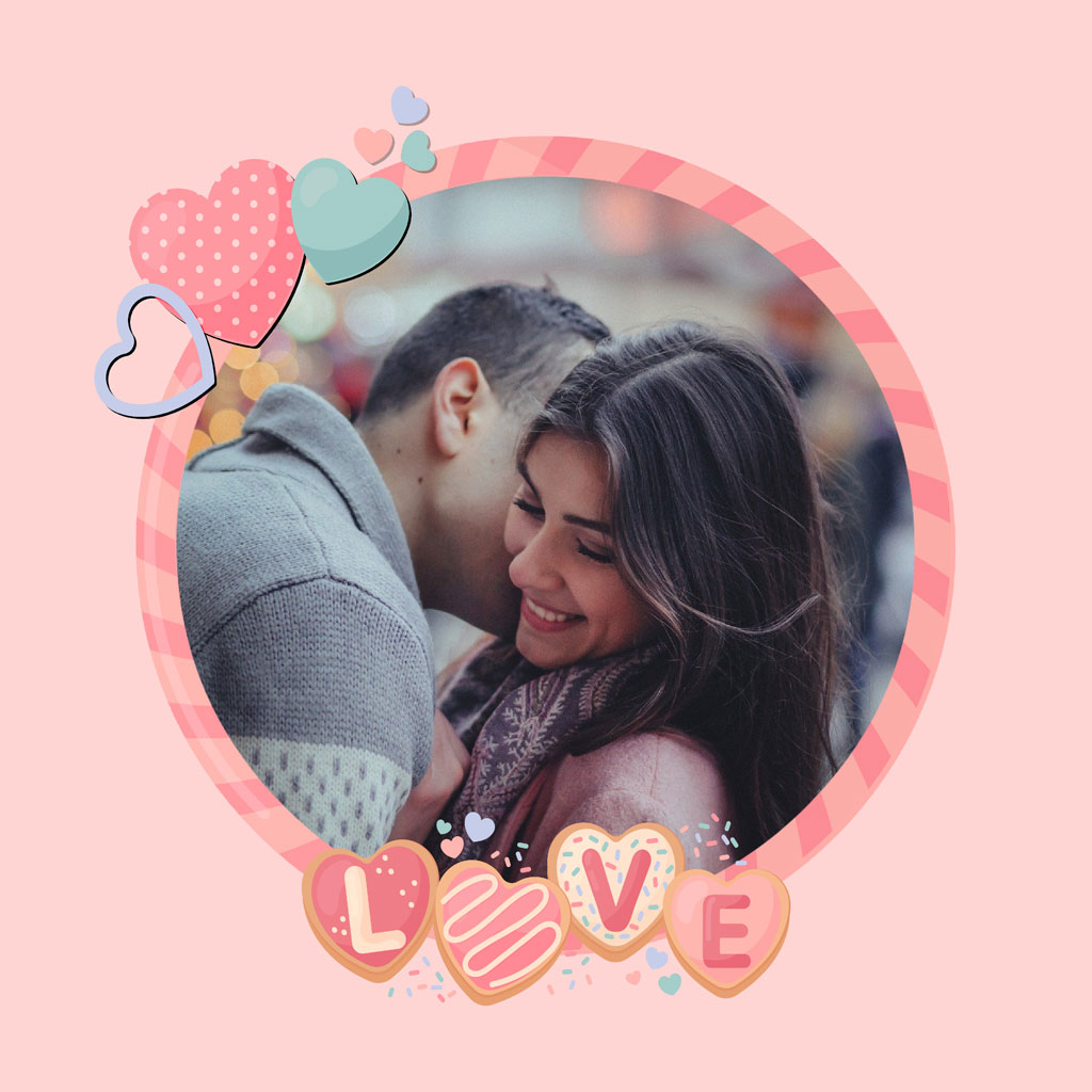 A man and woman embracing, surrounded by hearts and the word 'LOVE' in a decorative font.