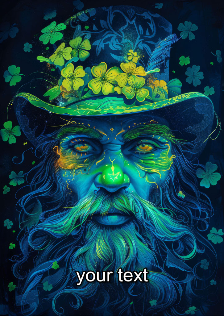Illustration of a bearded leprechaun with shamrocks and Celtic patterns