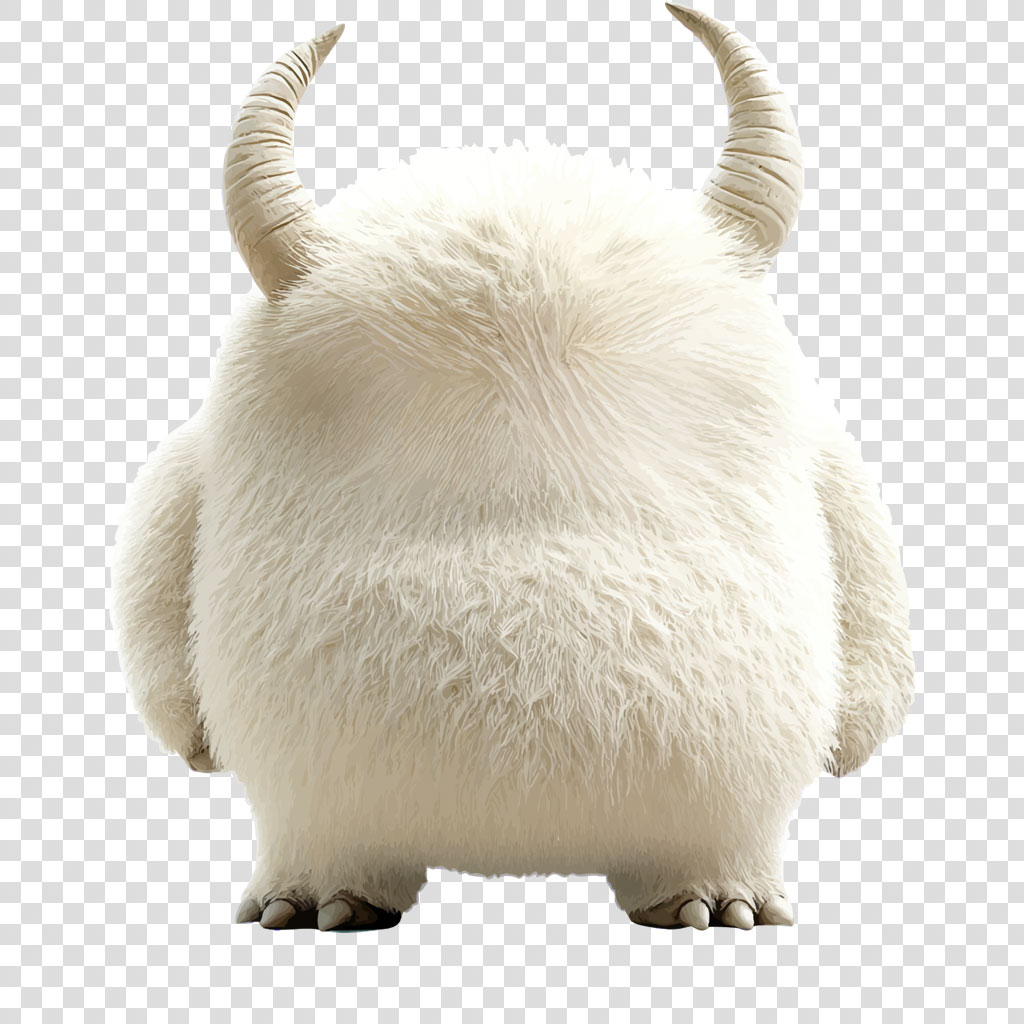 A fluffy white creature with two horns and four legs