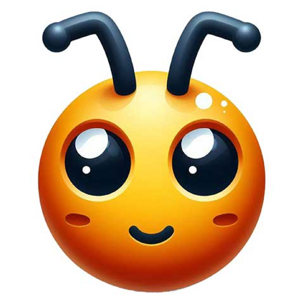 A smiling cartoon ant with large eyes and antennae on a white background