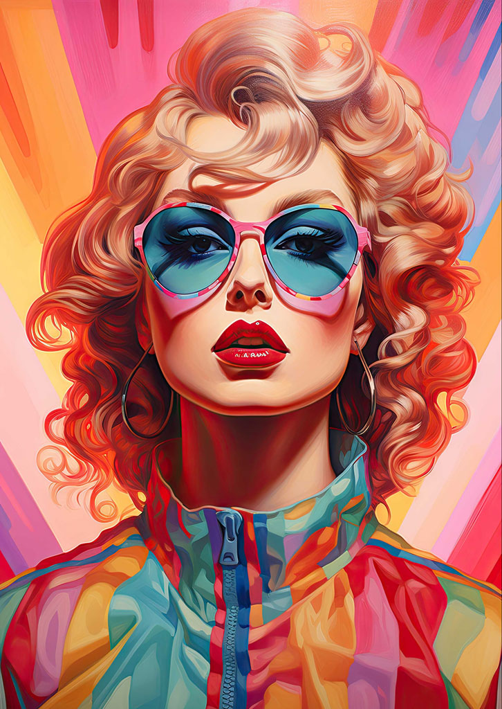 A digital painting of a woman with curly blonde hair wearing pink sunglasses and a multicolored jacket.