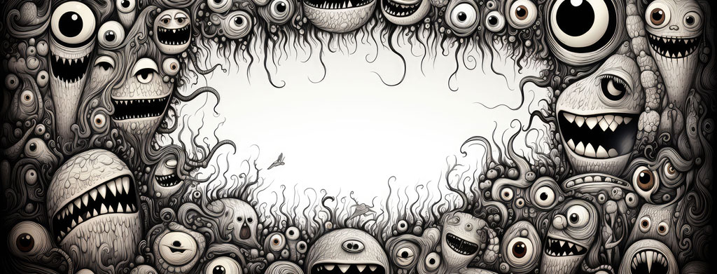 Artwork of a frame filled with various monsters, each with unique eyes and sharp teeth, surrounding a central blank space.