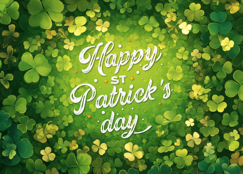 Happy St. Patrick's Day greeting surrounded by shamrocks