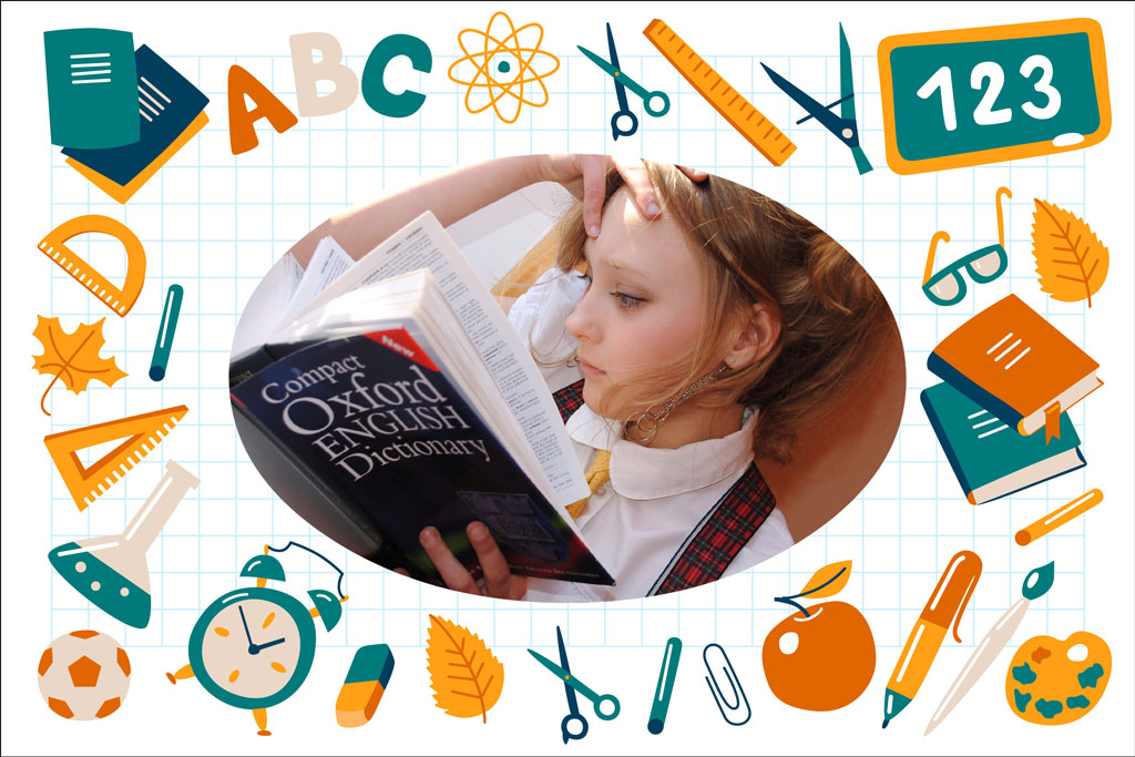Young girl reading a dictionary surrounded by educational icons