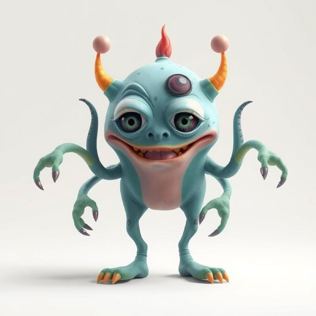 A blue cartoon monster with orange horns and a cheerful expression.