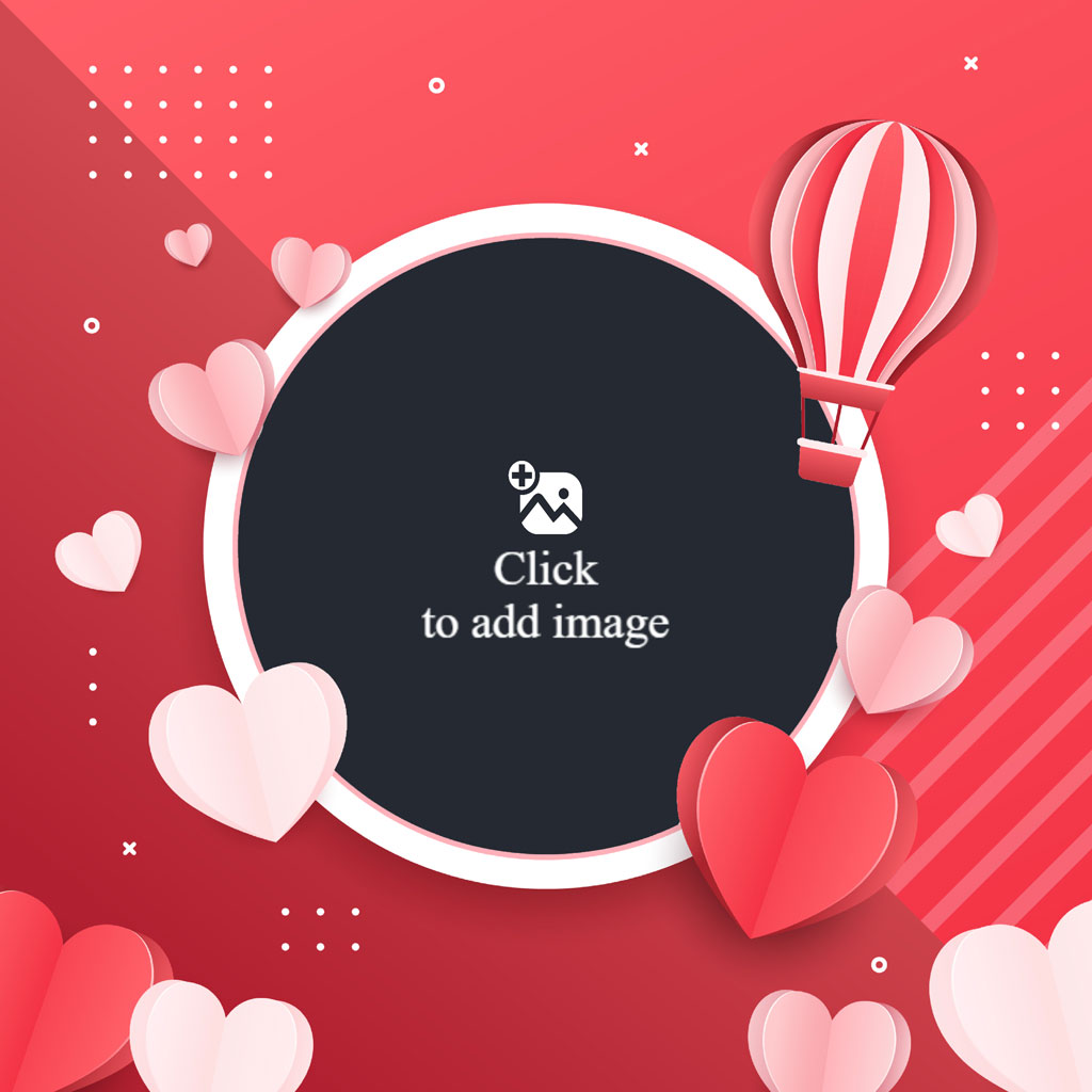 Red background with white and red hearts and a hot air balloon