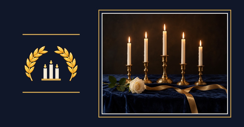 Dark blue event cover with gold laurel emblem, candles, and framed photo area