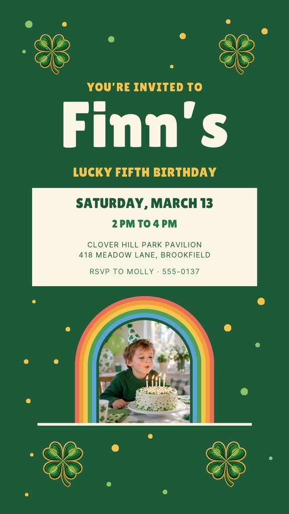 Green birthday story template with shamrocks, rainbow photo frame, and fifth birthday invitation text