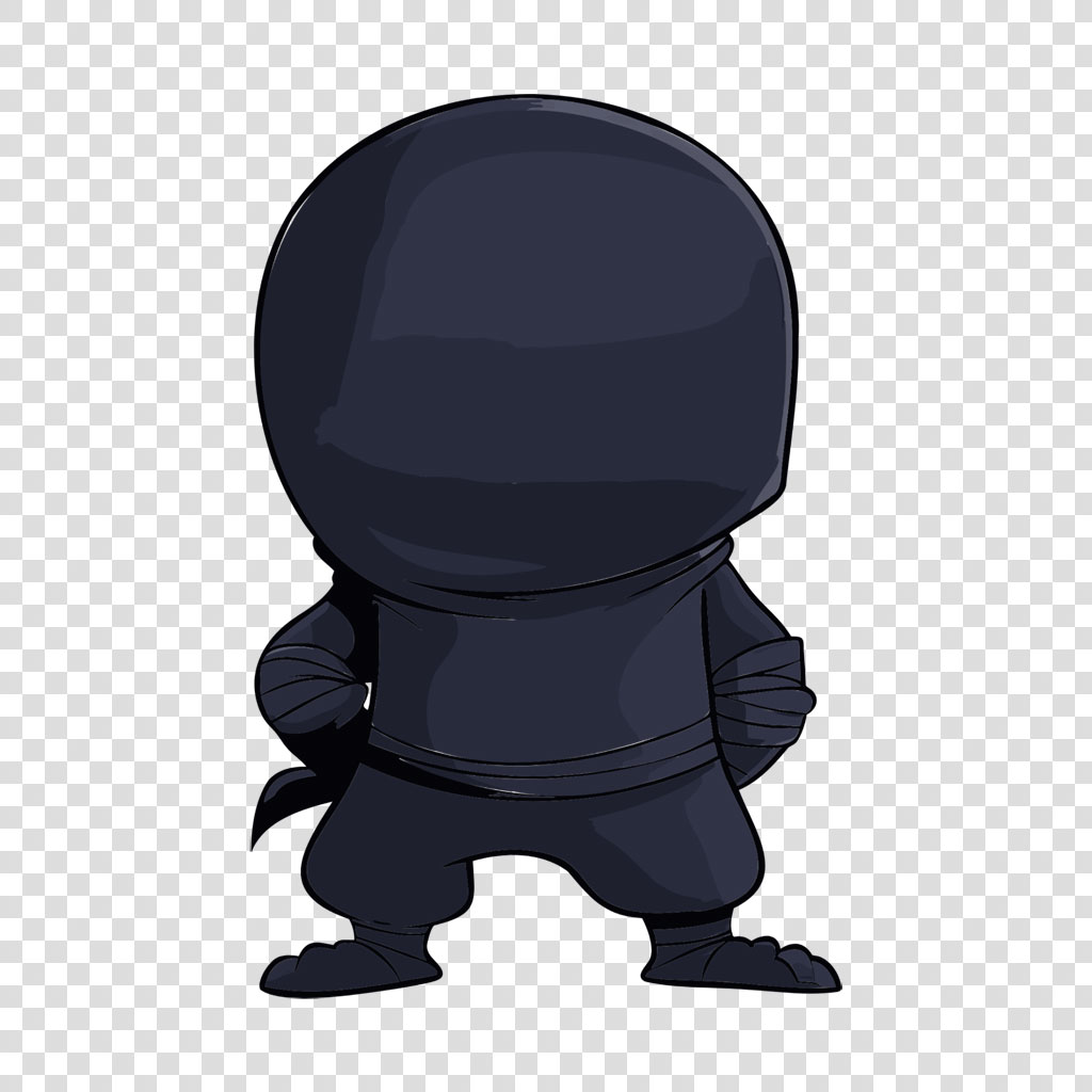 Cartoon ninja character in dark attire with large helmet