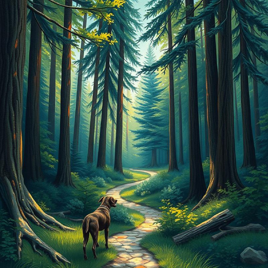 A brown dog on a stone path in a forest