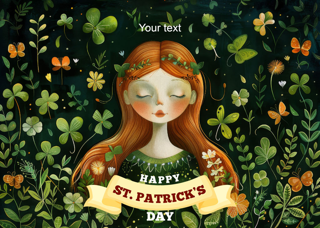 Woman with red hair and green dress surrounded by flowers and greenery