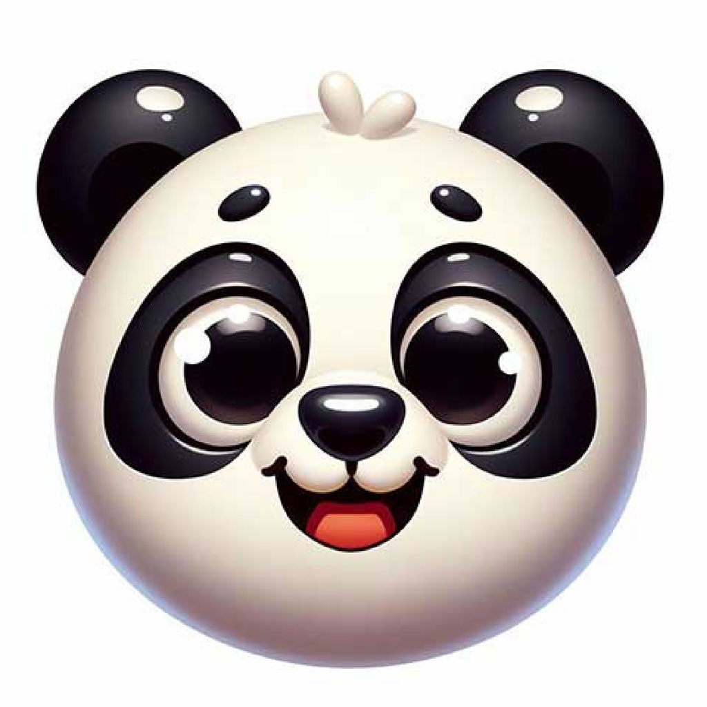 A cartoon panda with a round white body, black ears, and a smiling face.