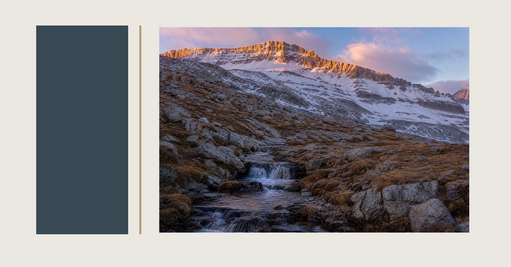 Mountain landscape with a waterfall and blank side panel for event cover text