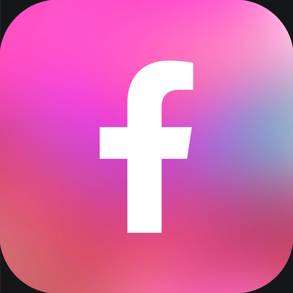 Facebook logo with a pink and purple gradient background