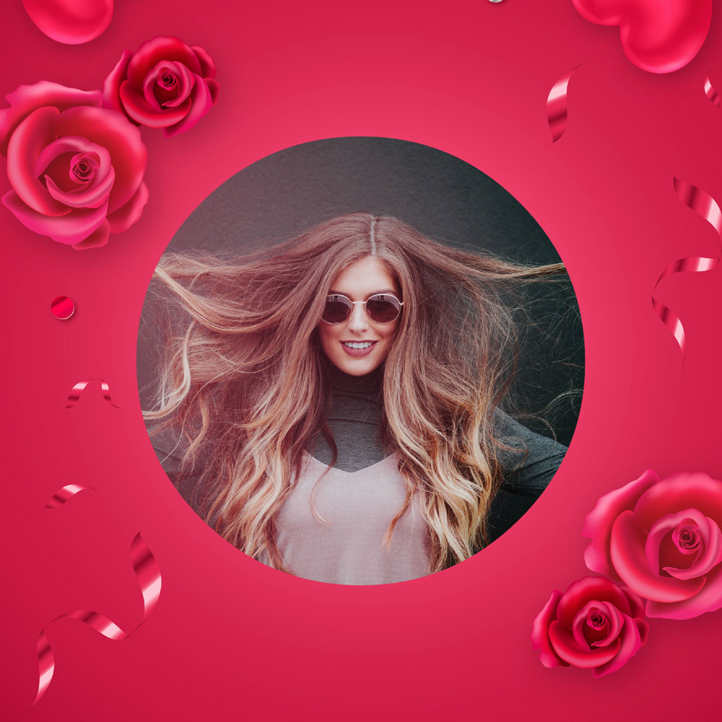 Woman with flowing blonde hair and sunglasses surrounded by roses
