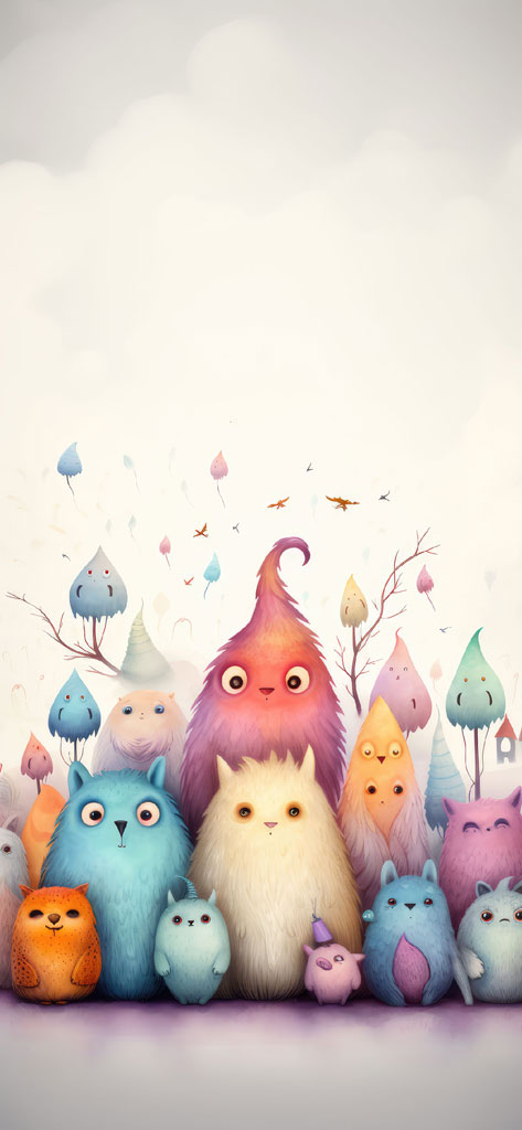 Colorful cartoon characters and teardrop trees in a fantasy setting